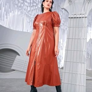 NEW Plus Puff Sleeve Zip up Zip hem PU Leather dress